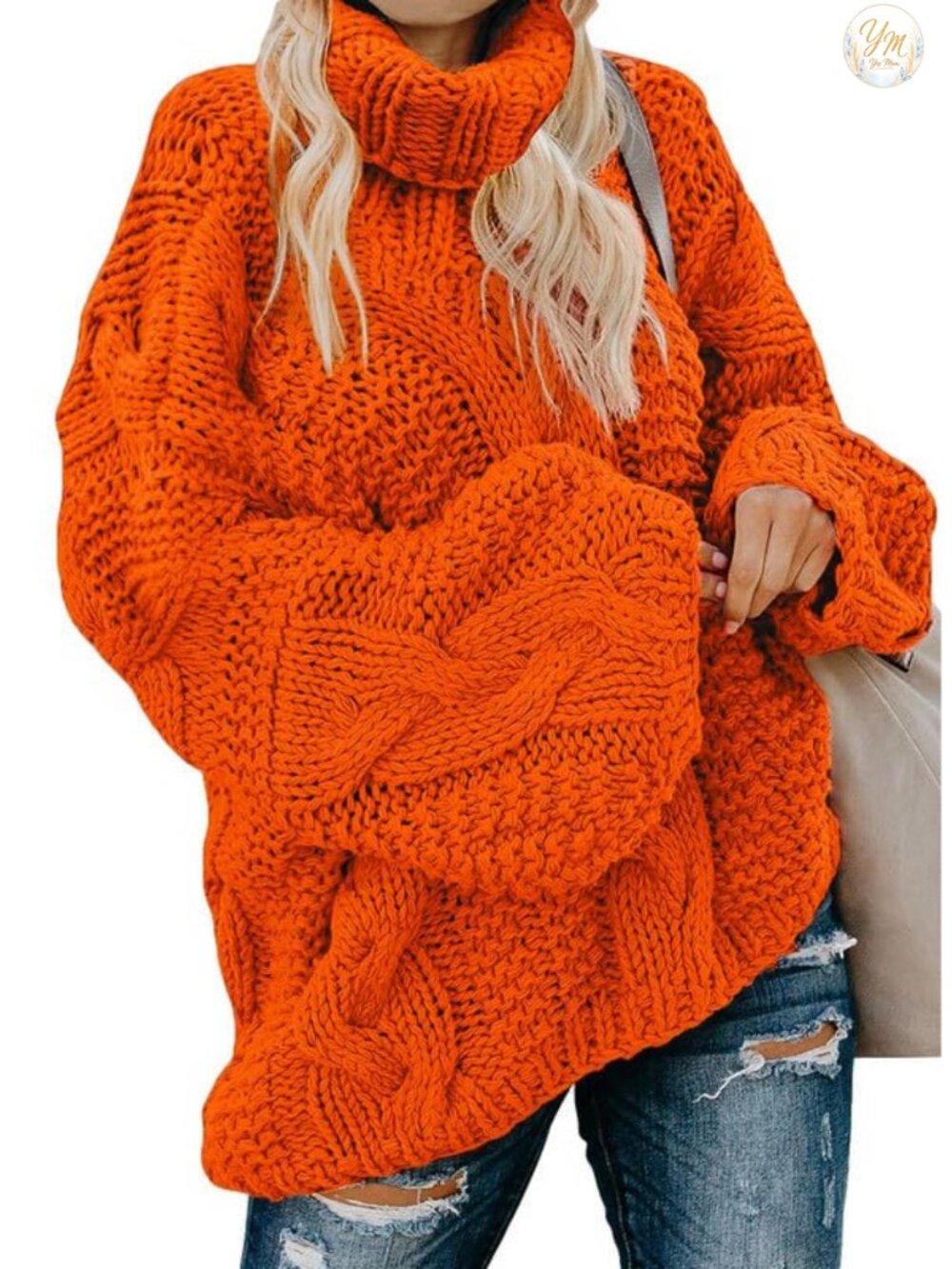 Turtle Neck Cable Knit Chunky Pullover Sweater Loose